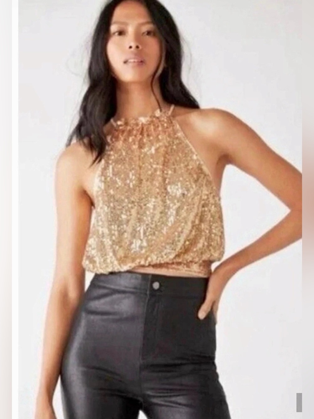 Free People Zinnia Halter Top Sequin Gold & Pink Small